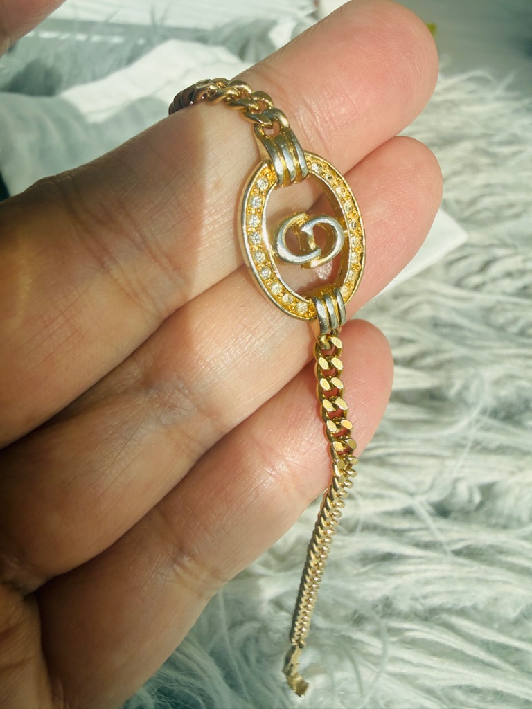 Authentic Vintage Christian Dior Cd Logo Pave Gold Curb Chain Bracelet